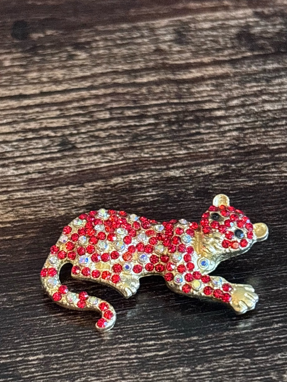Gold-Tone Red Crystal Leopard Brooch